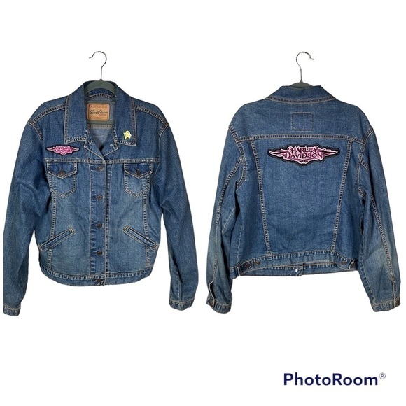 Levi Strauss Signature Levis Harley Davidson Denim Jean Jacket with Patches Sz L - Picture 1 of 12